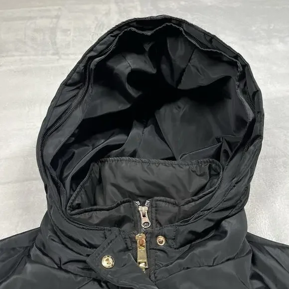 Bebe Long Black Puffer Coat Belted Gold Accents Womens L Double Zipper Hooded - Picture 8 of 16